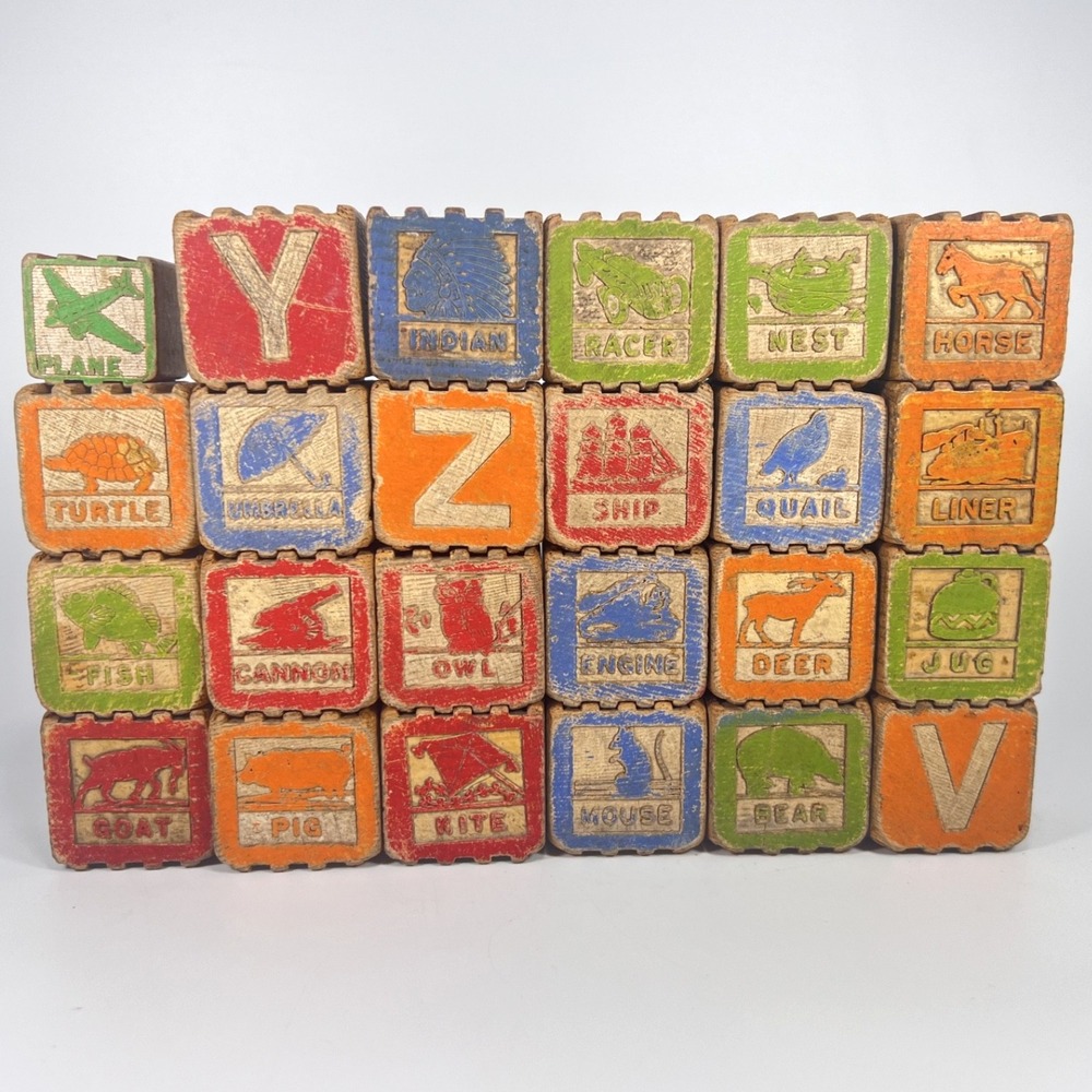 Vintage Halsam Hi-Low Wooden Alphabet Blocks Set of 24 Mid Century Toy Decor